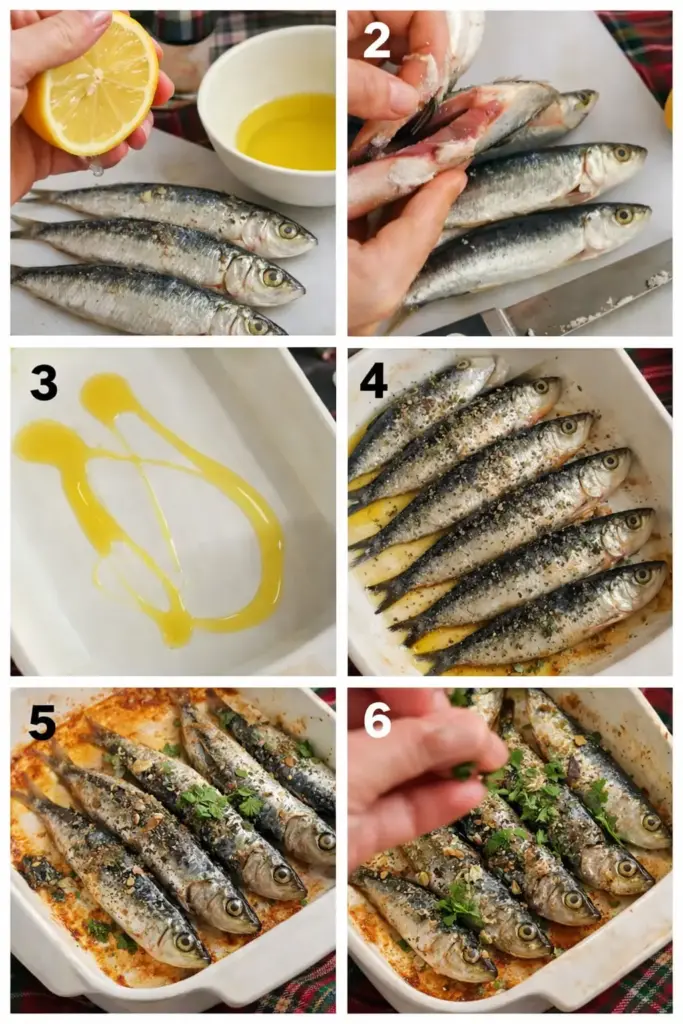 Baked sardines fresh out of the oven garnished with lemon