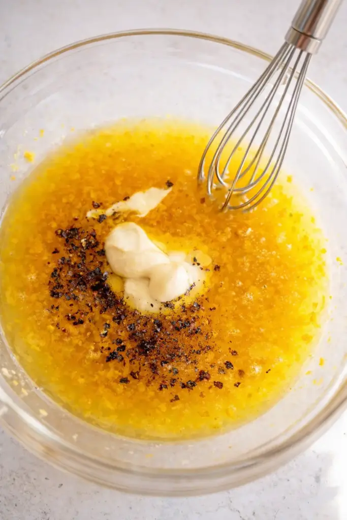 Adding Dijon mustard, salt, pepper and lemon juice to bowl