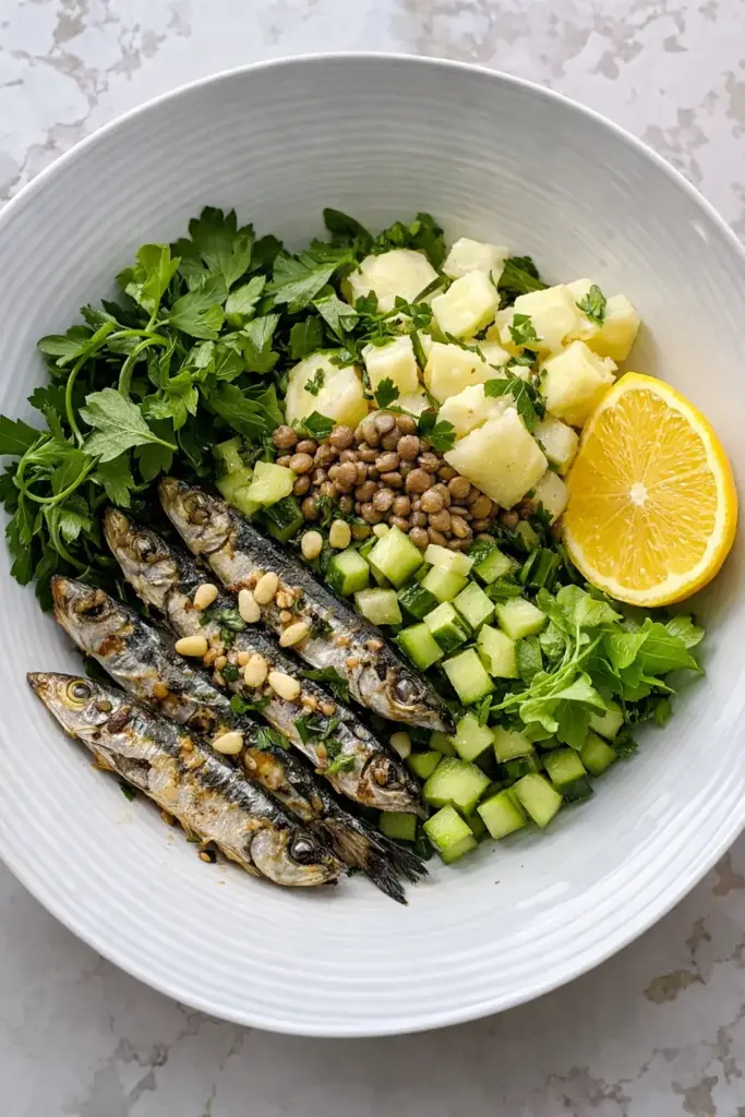 Fresh sardine salad served on plate with lemon