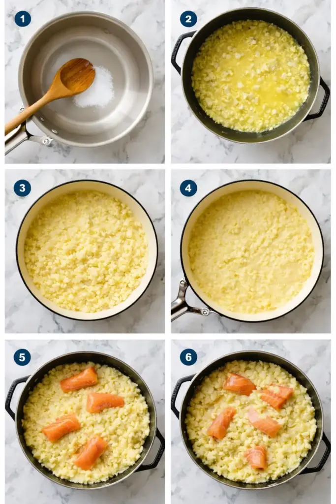 Cooking process of simmering risotto rice and adding broth