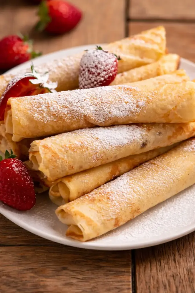 Crêpes folded with sugar and fresh lemon wedges