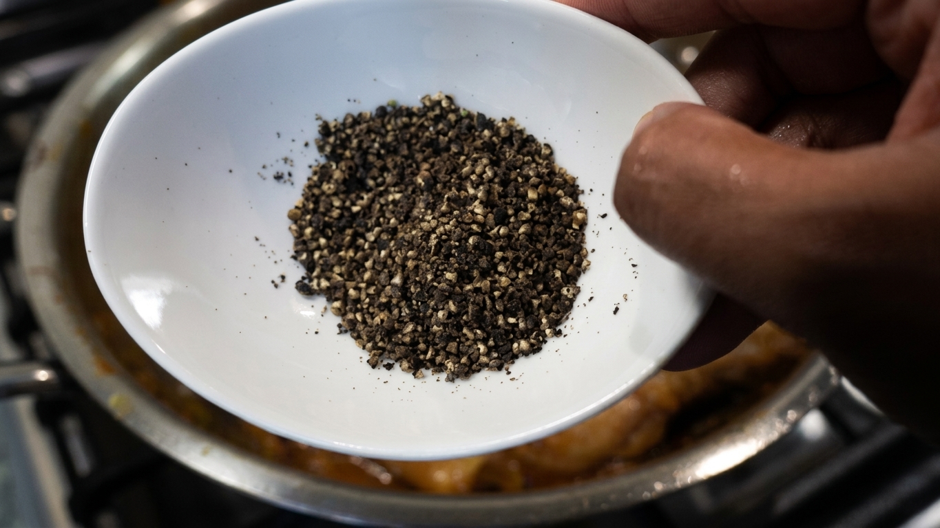 Fresh lemon juice squeezed over the finished aromatic black pepper chicken