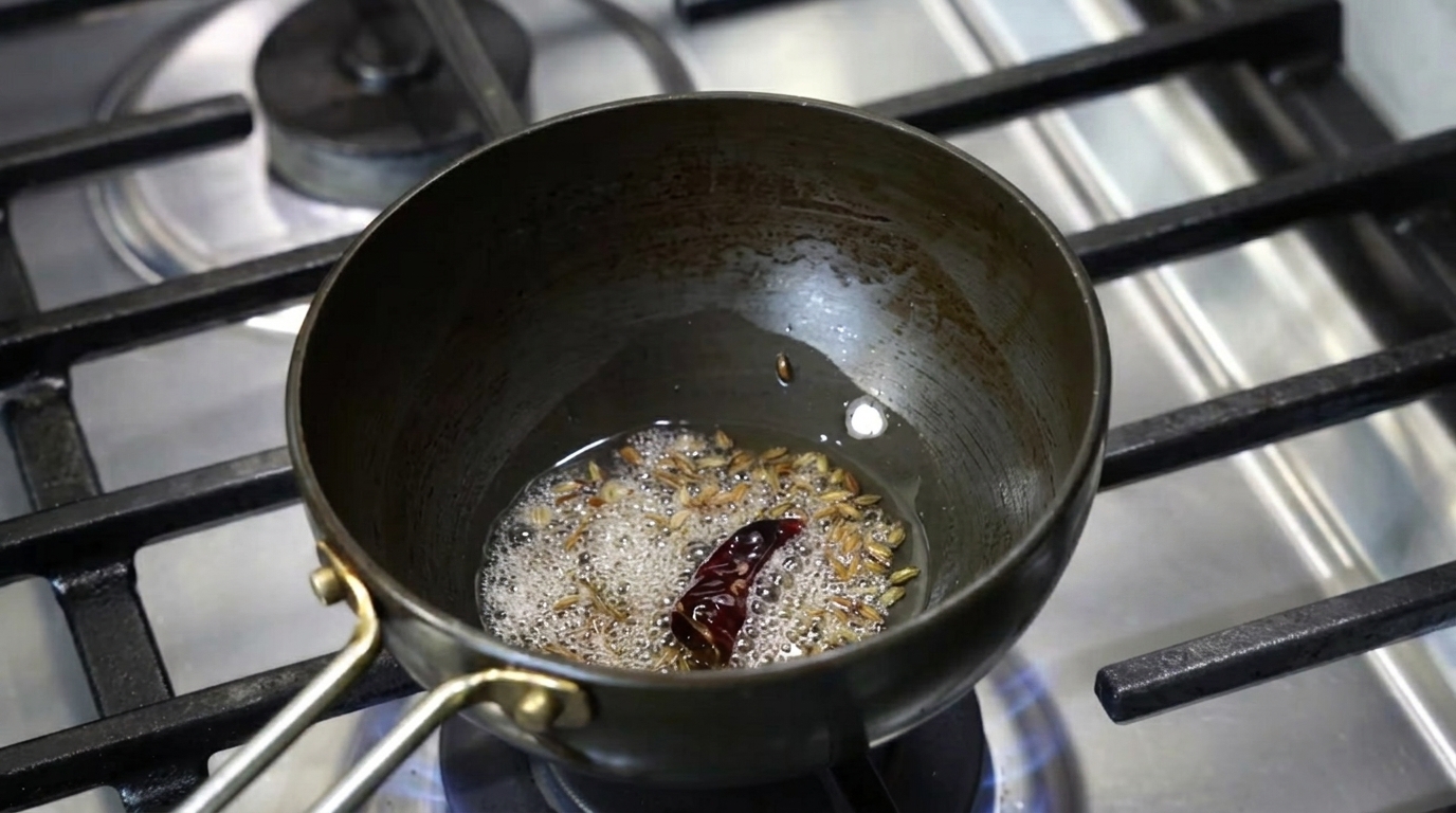 Fresh orange pumpkin cubes added into the skillet with sizzling nigella seeds