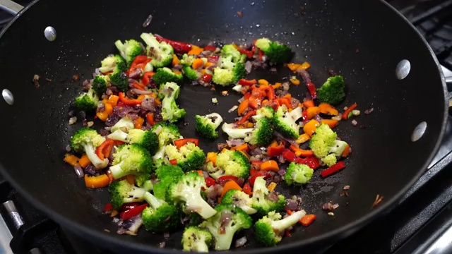 Turmeric, Kashmiri chili powder, ground coriander, and cumin powder sprinkled over vegetables