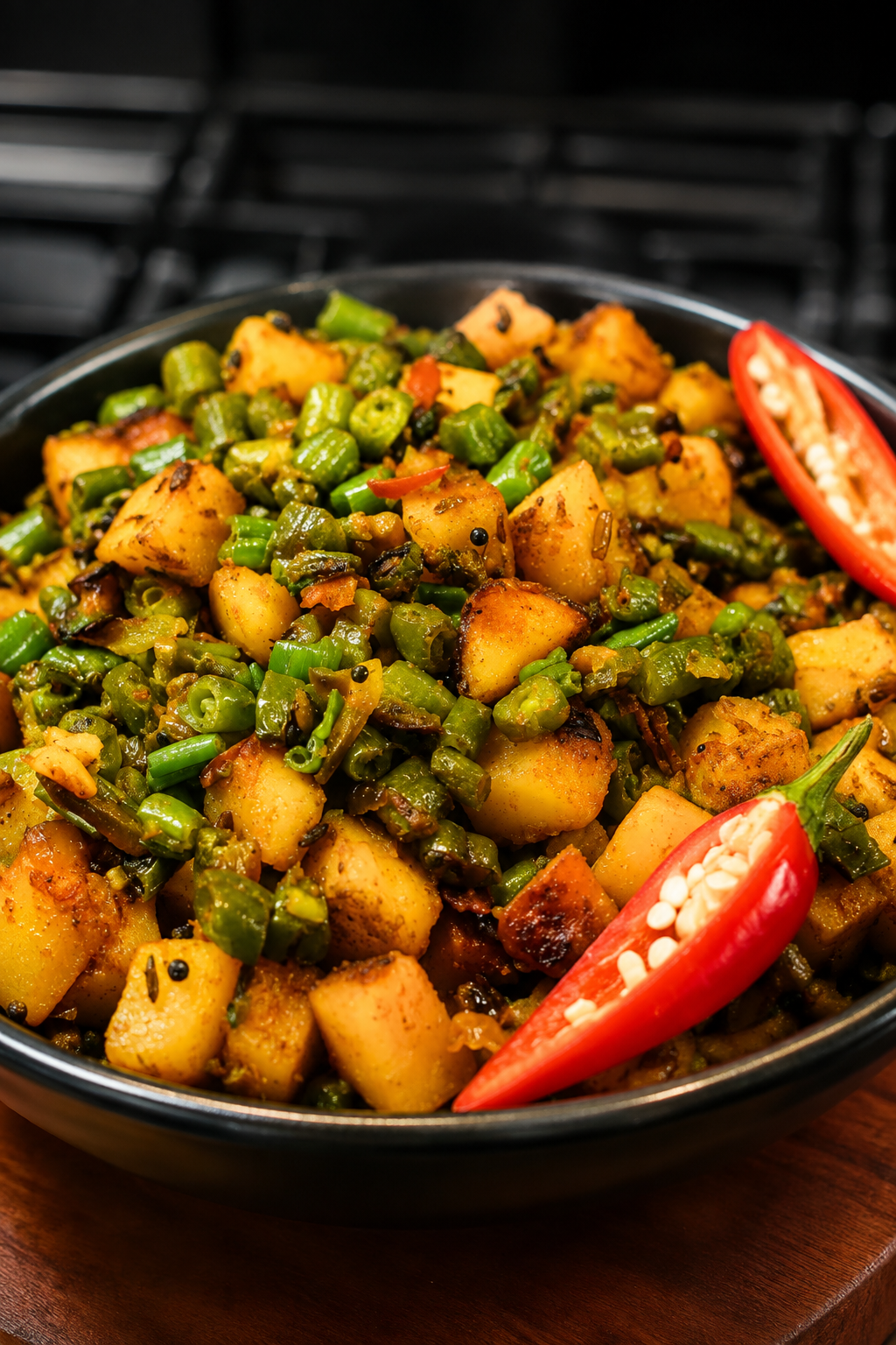 Aloo Beans Dry Sabji - Indian Spiced Potato and Green Beans Stir-Fry served with Roti and Dal