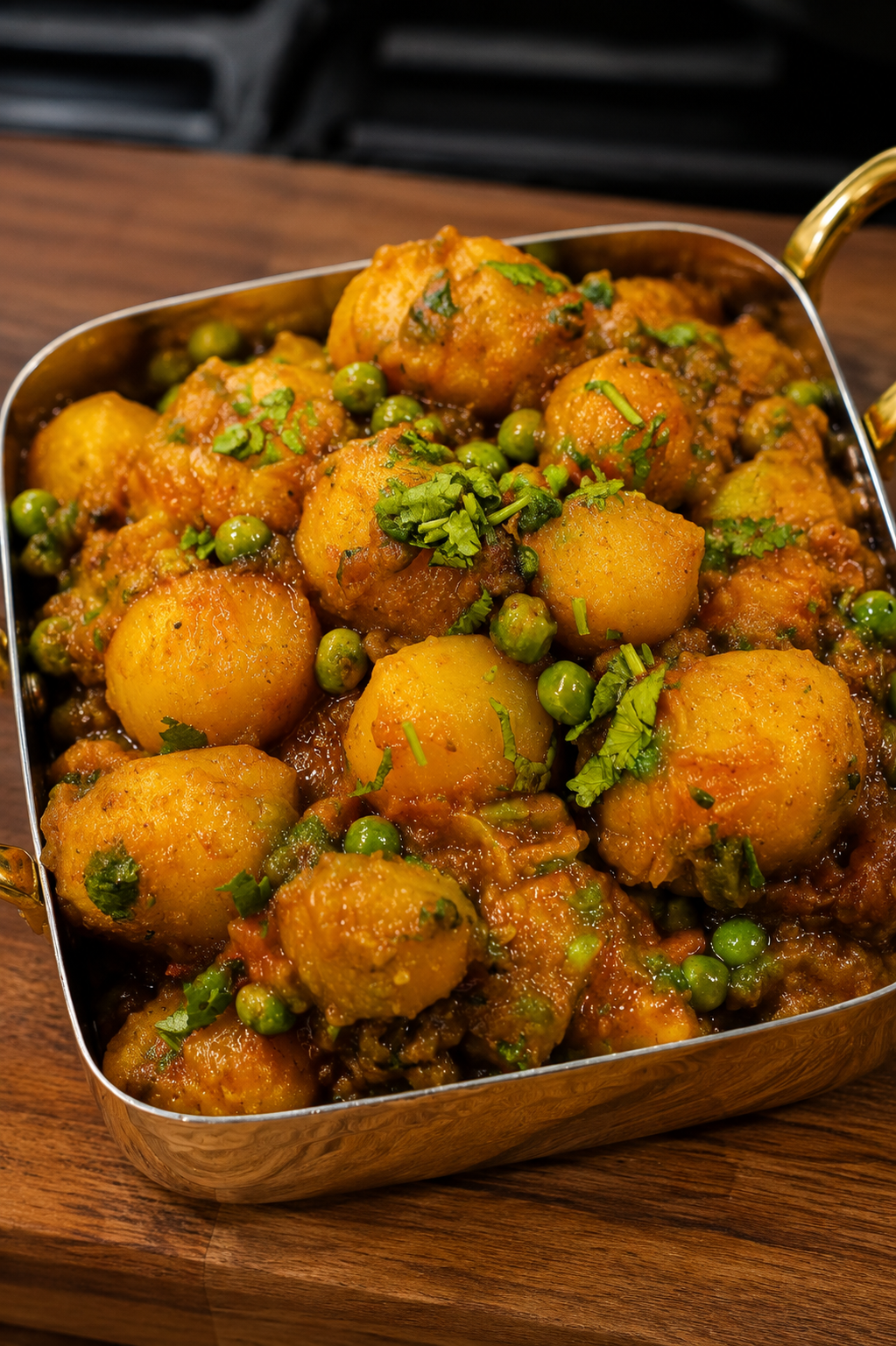 Aloo Dum Potato Curry with Green Peas - Rich and comforting spiced baby potato curry with green peas and fresh coriander