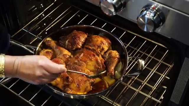 Freshly baked chicken basted once more with flavorful pan drippings straight out of the oven