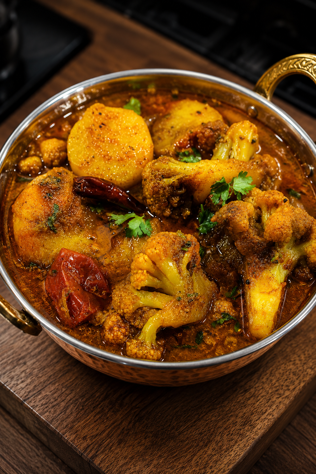 Bengali Aloo Fulkopir Tarkari - Golden cauliflower and potato curry with green peas, tomatoes, and fresh coriander
