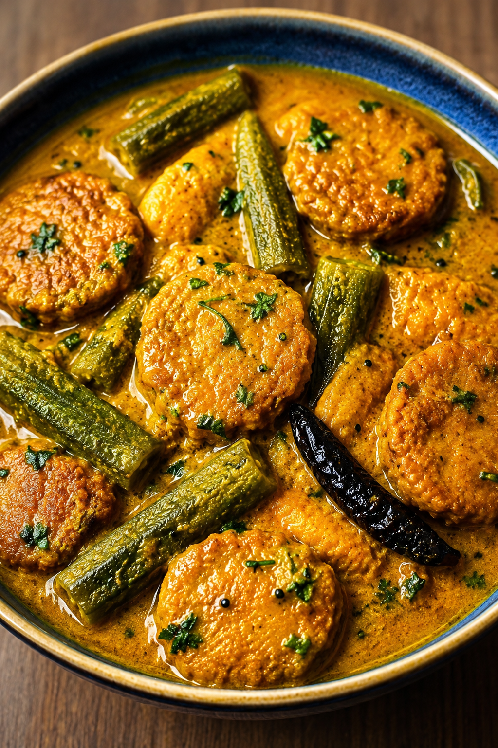 Bengali Dal Bora Curry with Ridge Gourd and Potatoes - Golden chana dal fritters simmered with potatoes and ridge gourd in a light spiced cumin gravy
