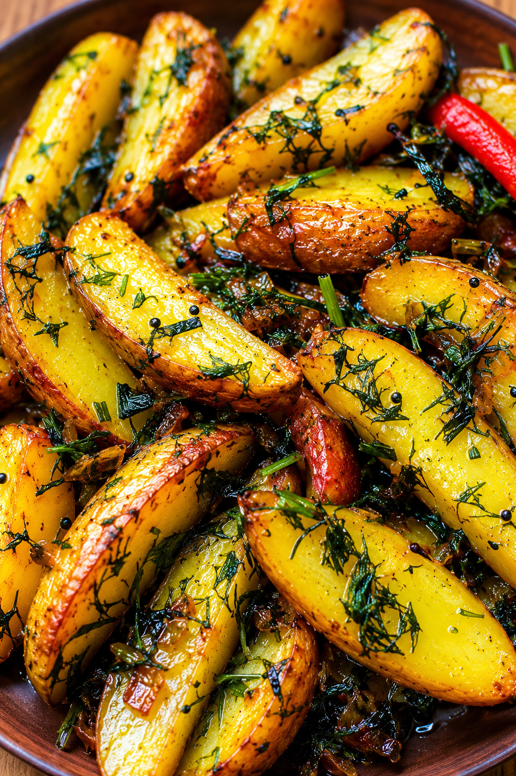 Bengali Potato and Dill Leaves Stir-Fry (Soya Saag Aloo) - Golden pan-fried potato cubes tossed with fresh green dill leaves, black mustard seeds, garlic, and whole spices