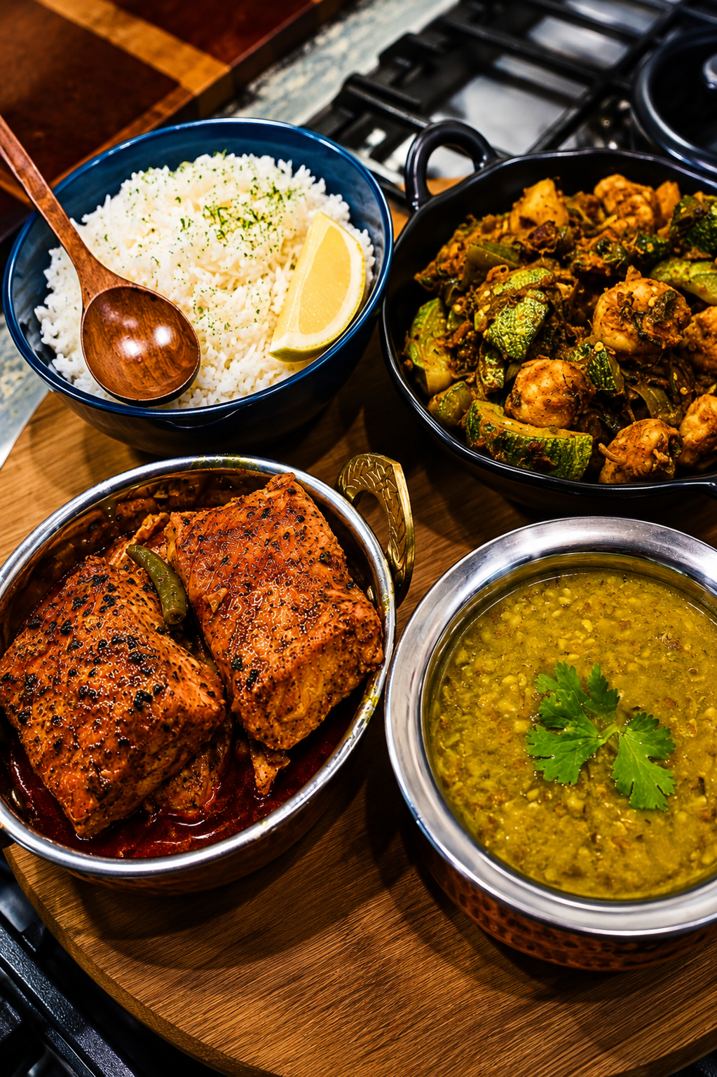 Bengali Prawns With Vegetables and Easy Mustard Fish Curry - Authentic Bengali seafood meal served with steamed rice, prawns with leafy greens, and mustard fish curry