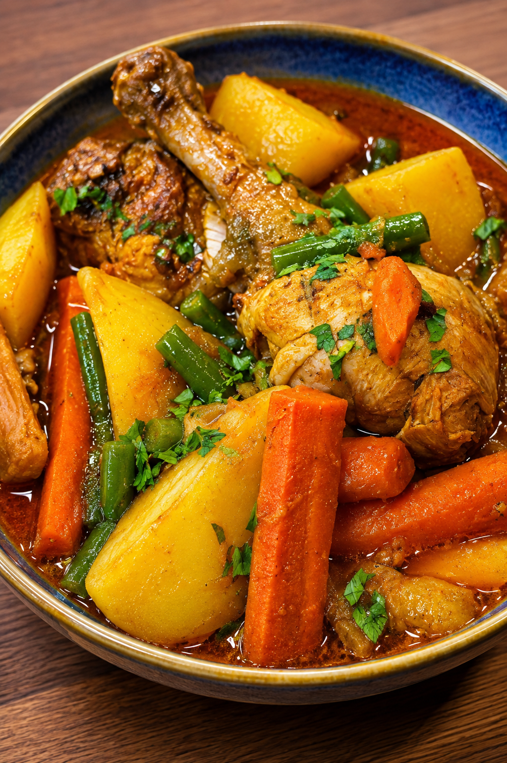 Bengali-Style Light Chicken Jhol with Potatoes and Vegetables - Bone-in chicken and chunky vegetables simmered in a light golden spiced broth