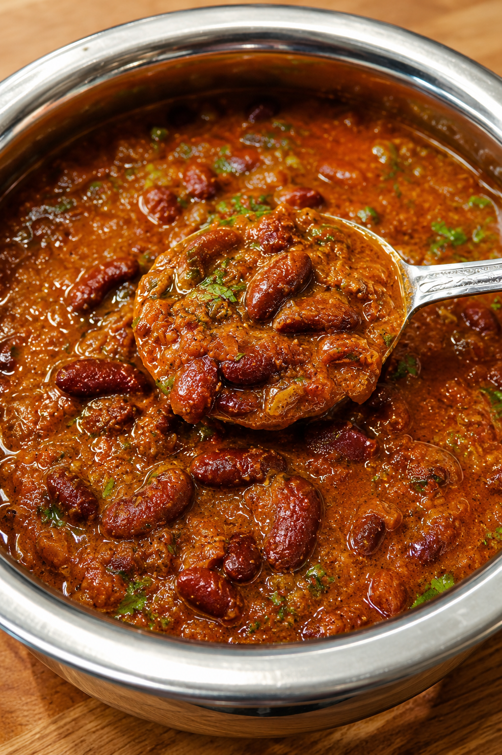 Bengali-Style Rajma Curry - Tender red kidney beans simmered in a rich tomato, onion, and whole spice gravy garnished with fresh coriander