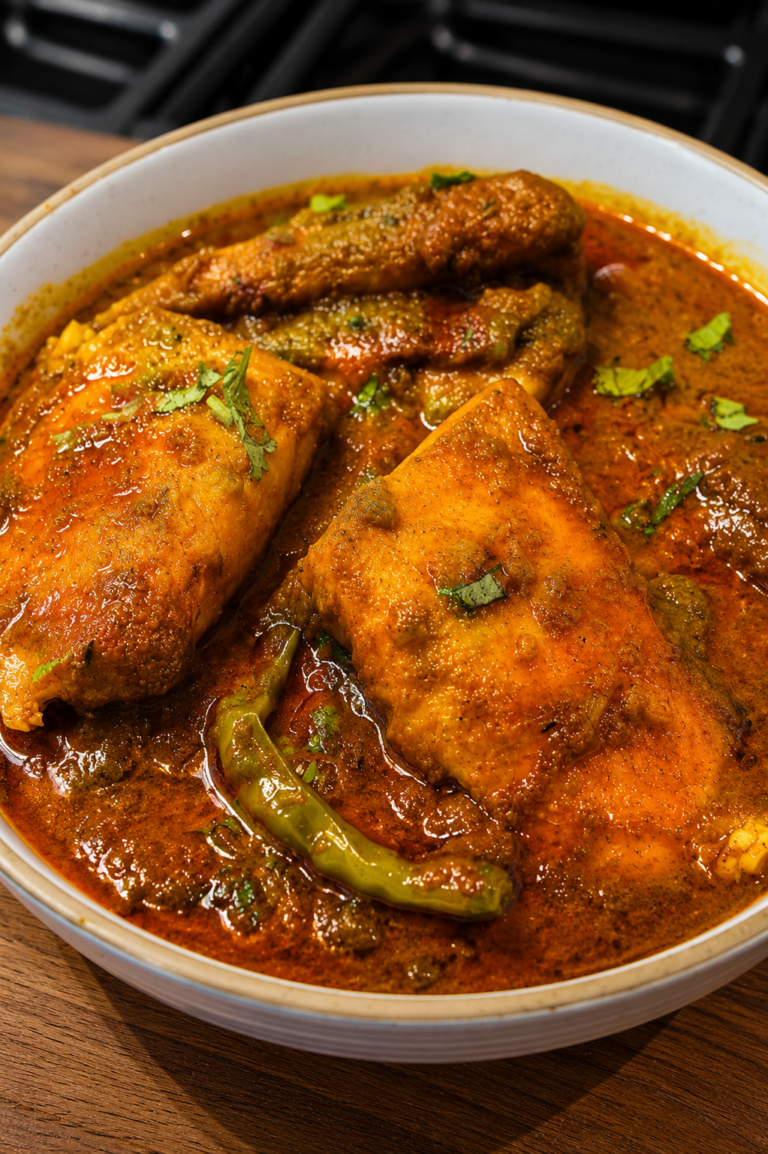 Bengali-Style Spicy Fish Curry (Macher Jhal) - Golden fried fish fillets simmering in a rich spicy tomato and onion gravy with green chilies and fresh coriander