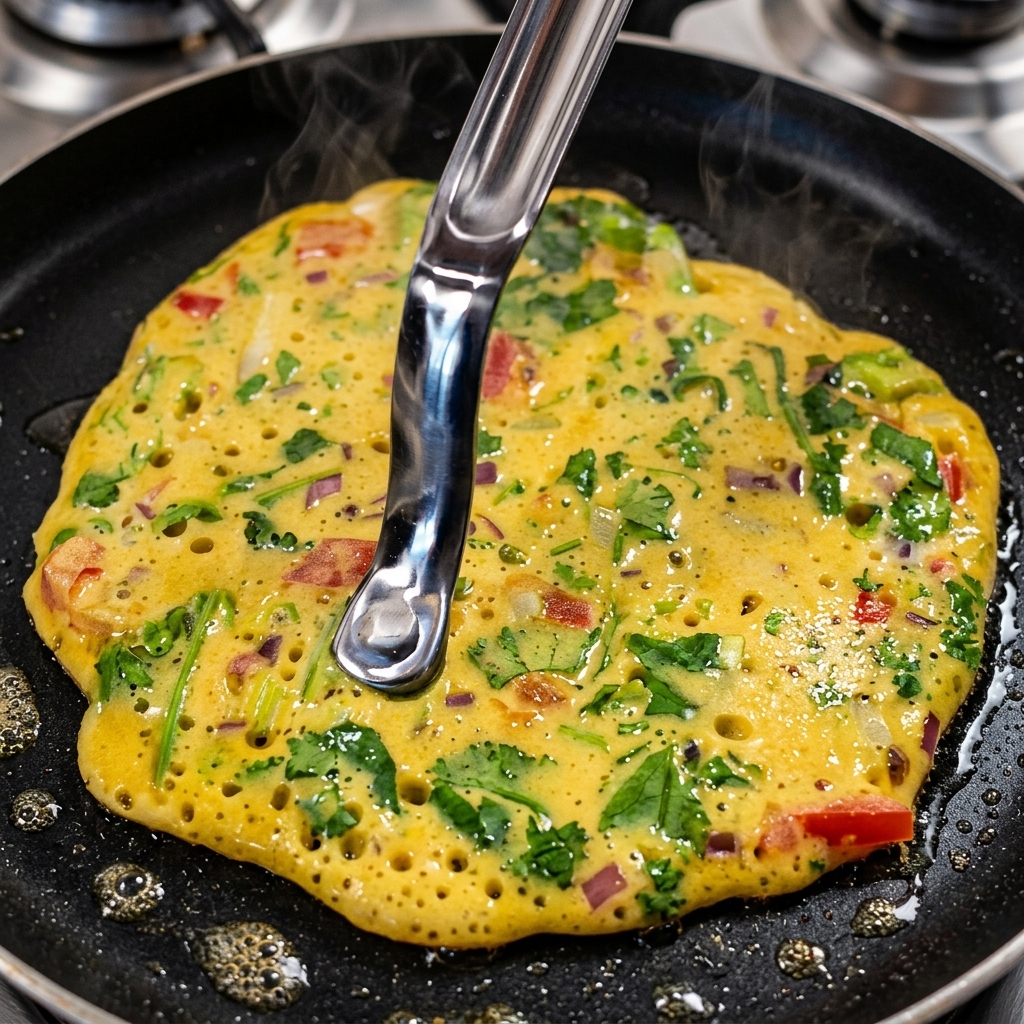 Besan chilla cooking under a lid with bubbles forming across the surface