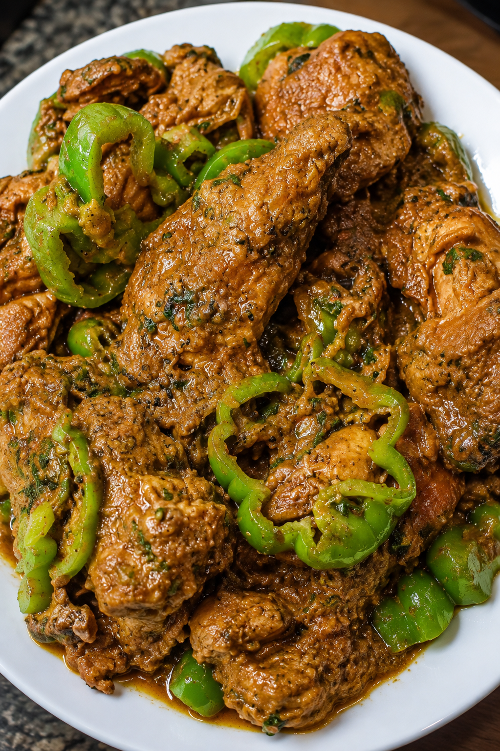 Black Pepper Chicken Recipe - Tender chicken simmered in rich caramelized onion and yogurt gravy finished with freshly crushed black pepper and crisp green peppers
