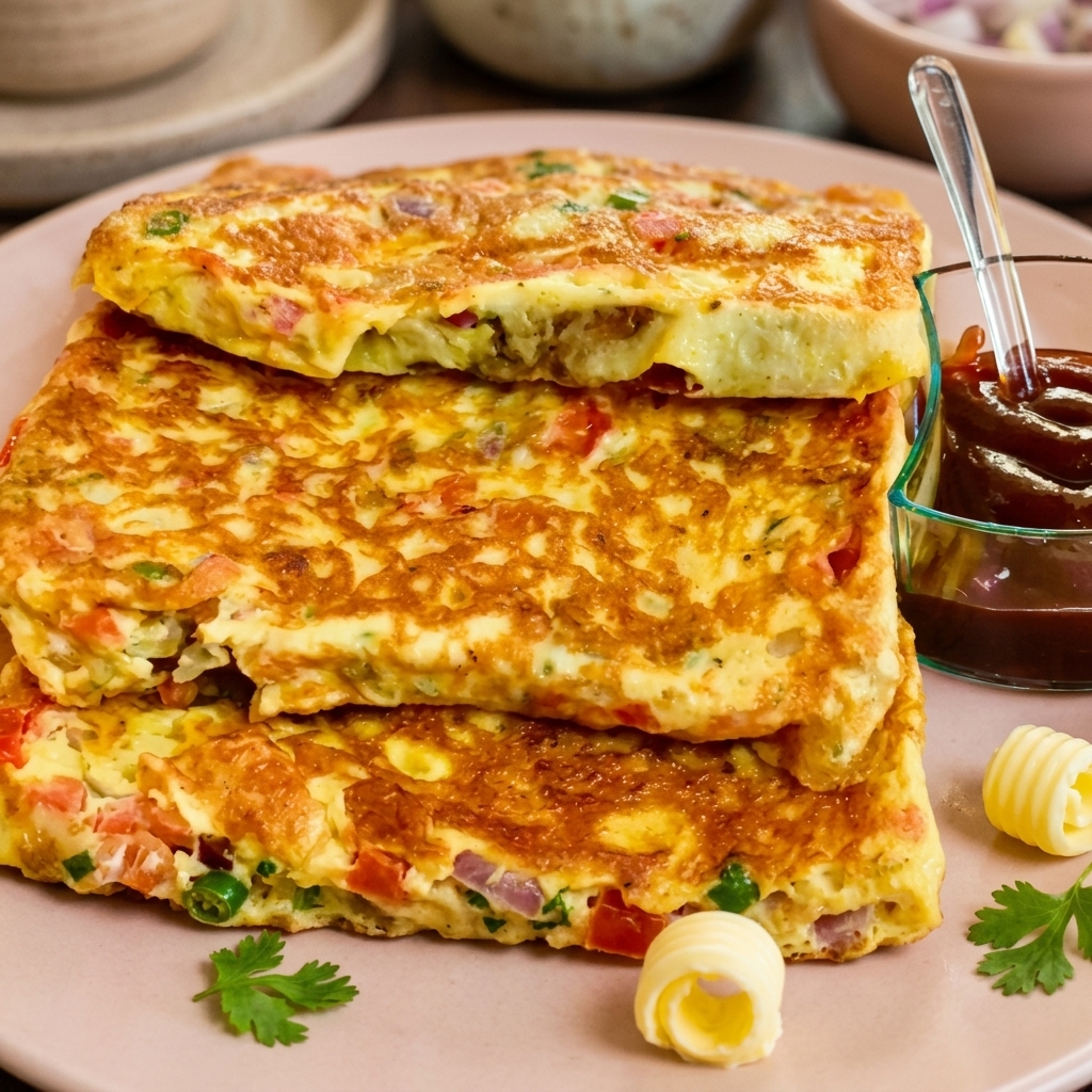 Bread omelette ingredients including bread, egg, milk, onion, tomato, green chili, butter, oil, and coriander