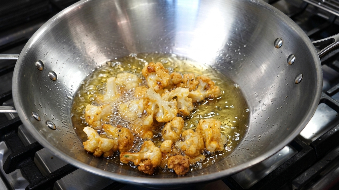 Butter melting into warm oil in the wok to create the rich garlic butter base