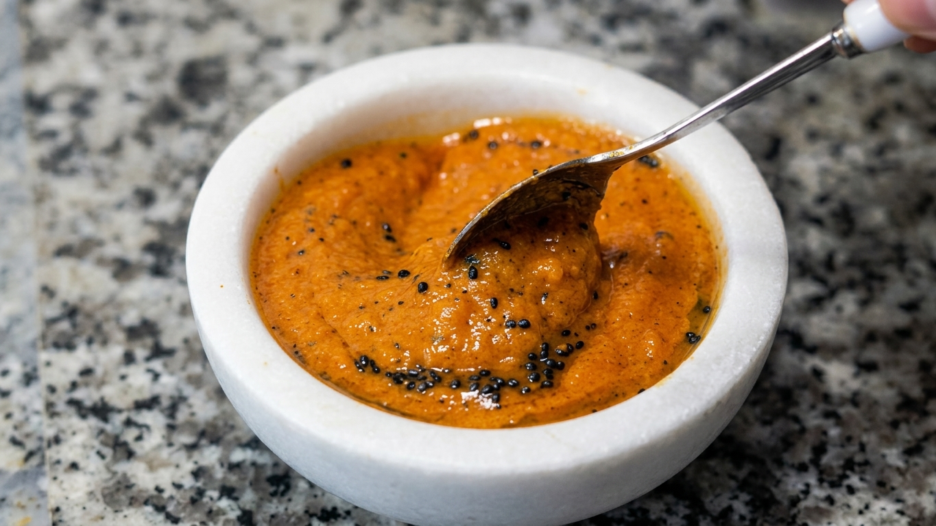 Hot mustard seed tempering being poured over freshly blended red tomato chutney