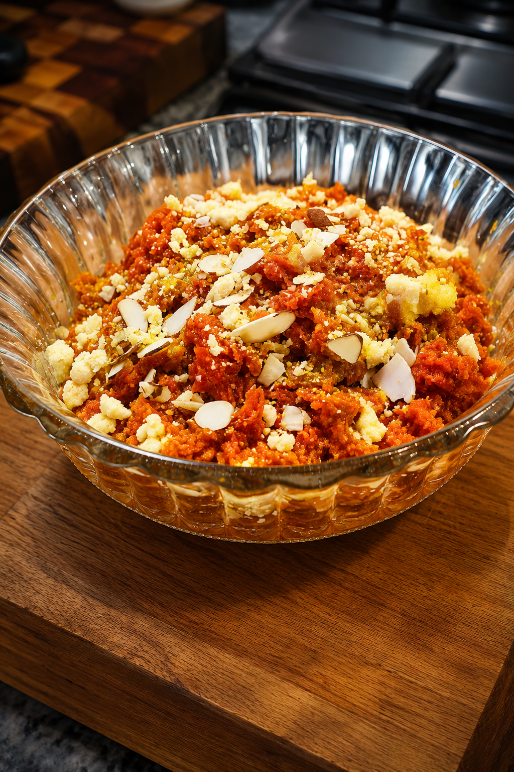 Carrot Halwa (Gajar Ka Halwa) - Traditional Indian sweet dessert garnished with toasted almonds