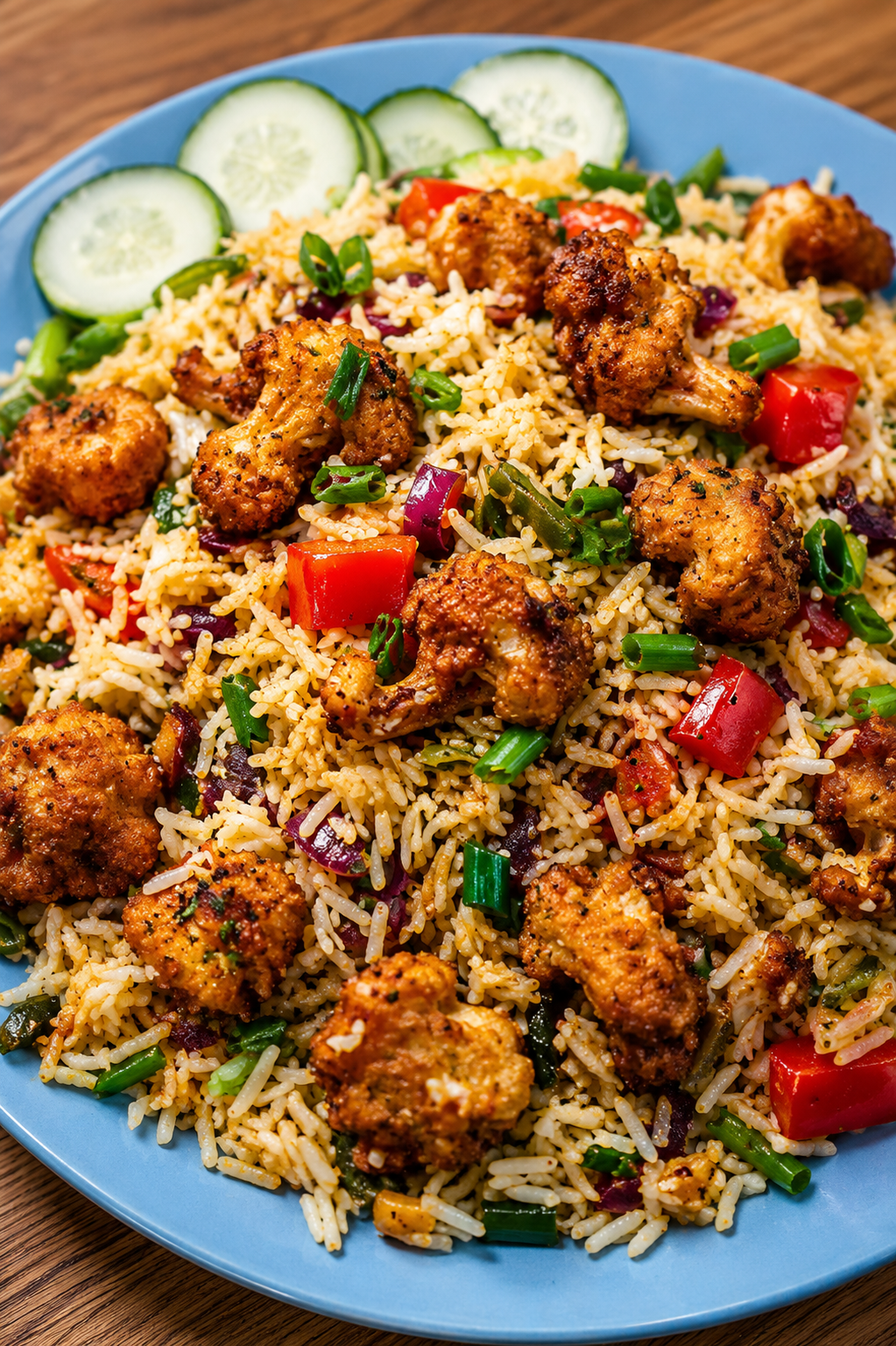 Cauliflower Manchurian Fried Rice with Garlic Butter - Crispy battered cauliflower florets stir-fried with fragrant garlic butter rice and vegetables