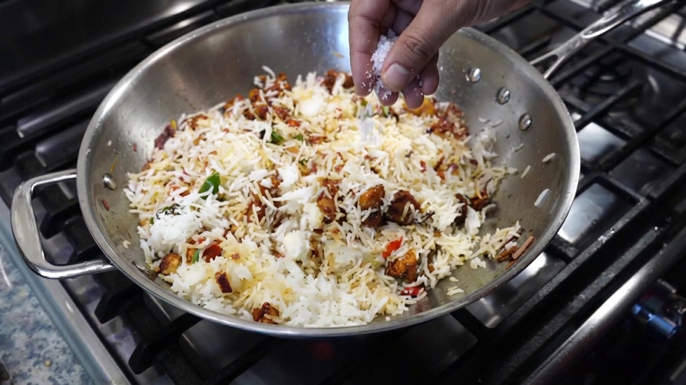 Tasting the stir-fried Cauliflower Manchurian rice to check and adjust final seasoning