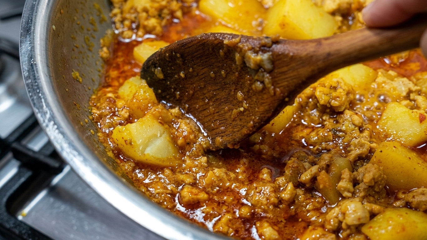 Testing a potato cube with a small knife for fork-tender doneness in the curry