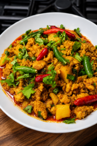 Chicken Keema Curry with Potatoes - Aromatic minced chicken curry with potato cubes, green peas, and fresh coriander