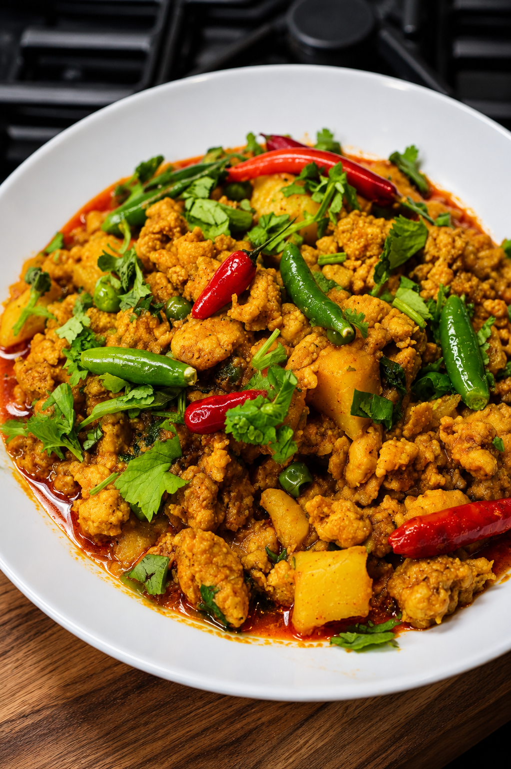 Chicken Keema Curry with Potatoes - Aromatic minced chicken curry with potato cubes, green peas, and fresh coriander