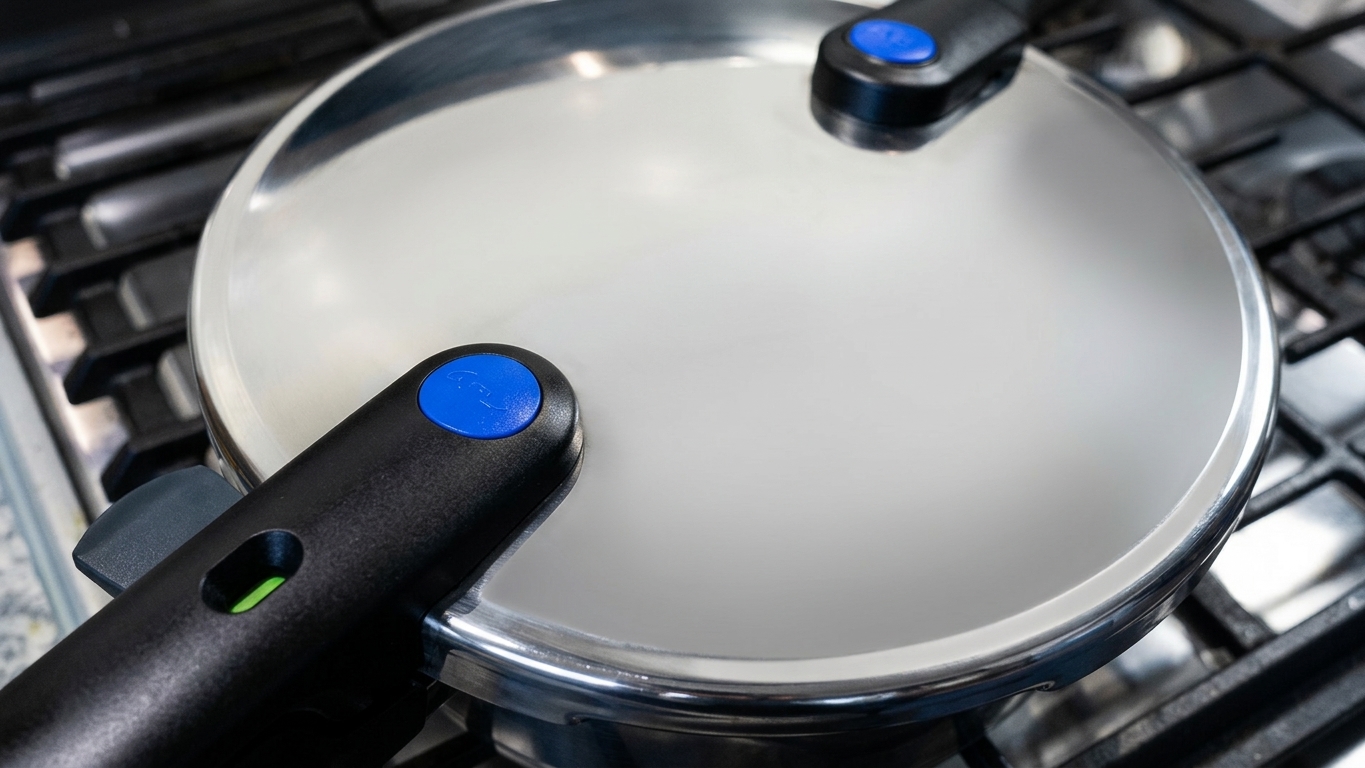 Heavy-bottomed pot covered with a lid allowing the chicken jhol to simmer gently on low heat