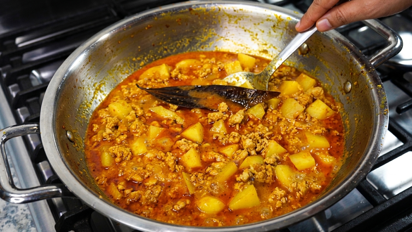 Chicken keema curry with potatoes and green peas served in a ceramic bowl with fresh coriander