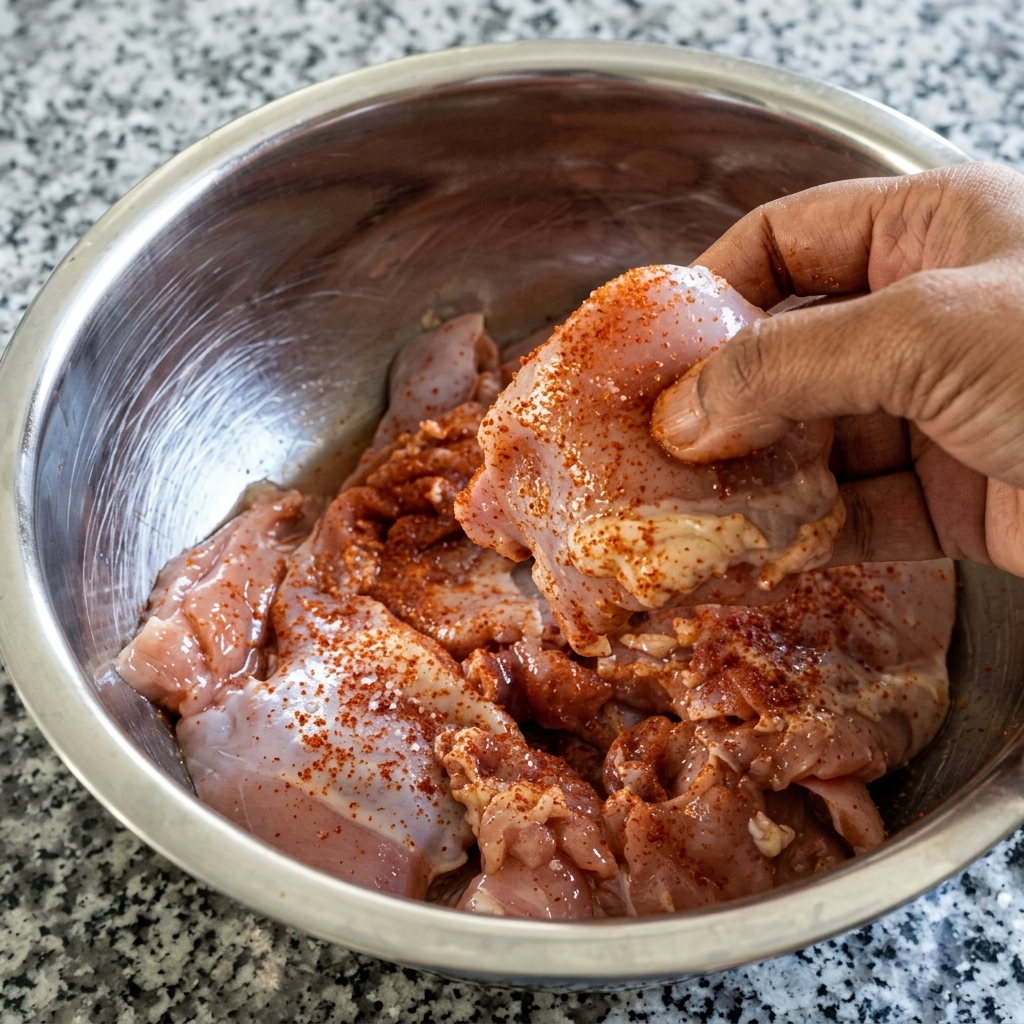 Chicken thighs thoroughly coated with salt, Kashmiri red chili powder, and lemon juice
