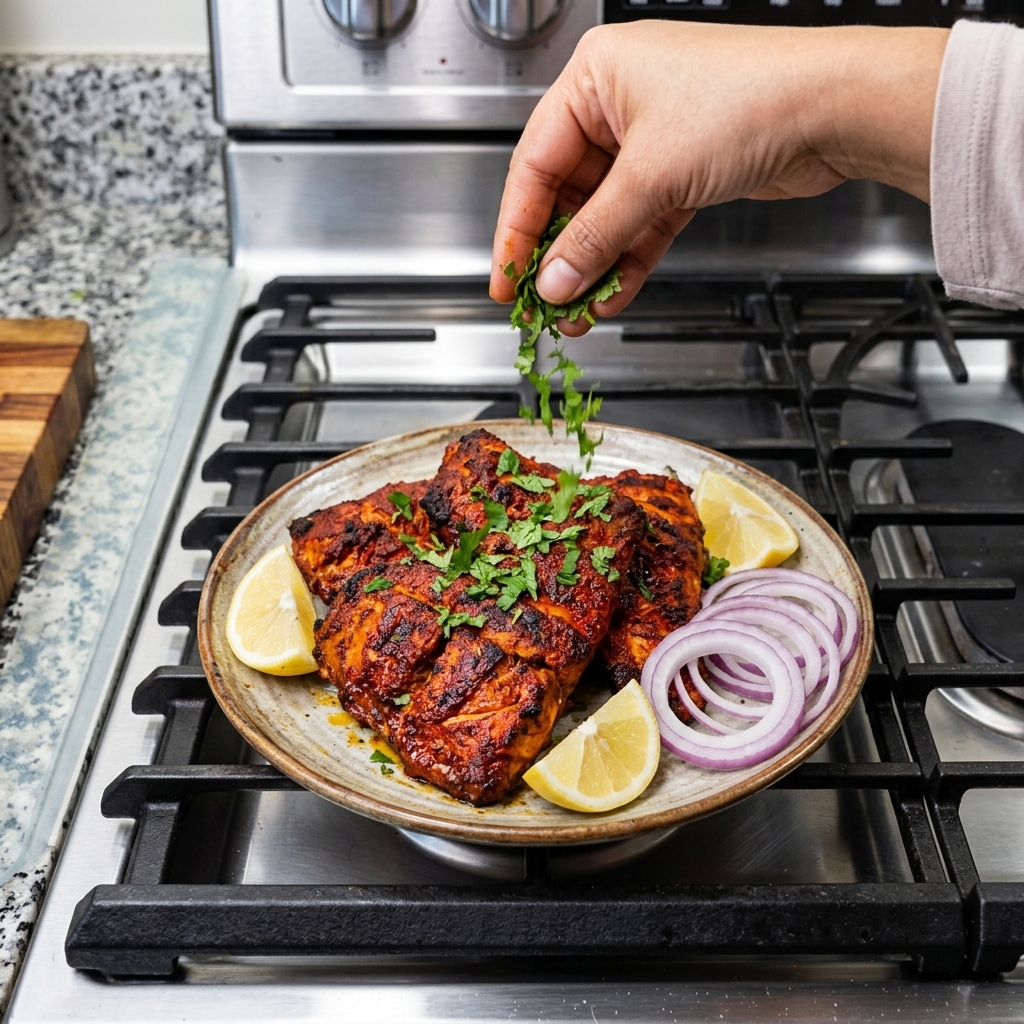 Freshly chopped green coriander leaves sprinkled over warm tandoori fish
