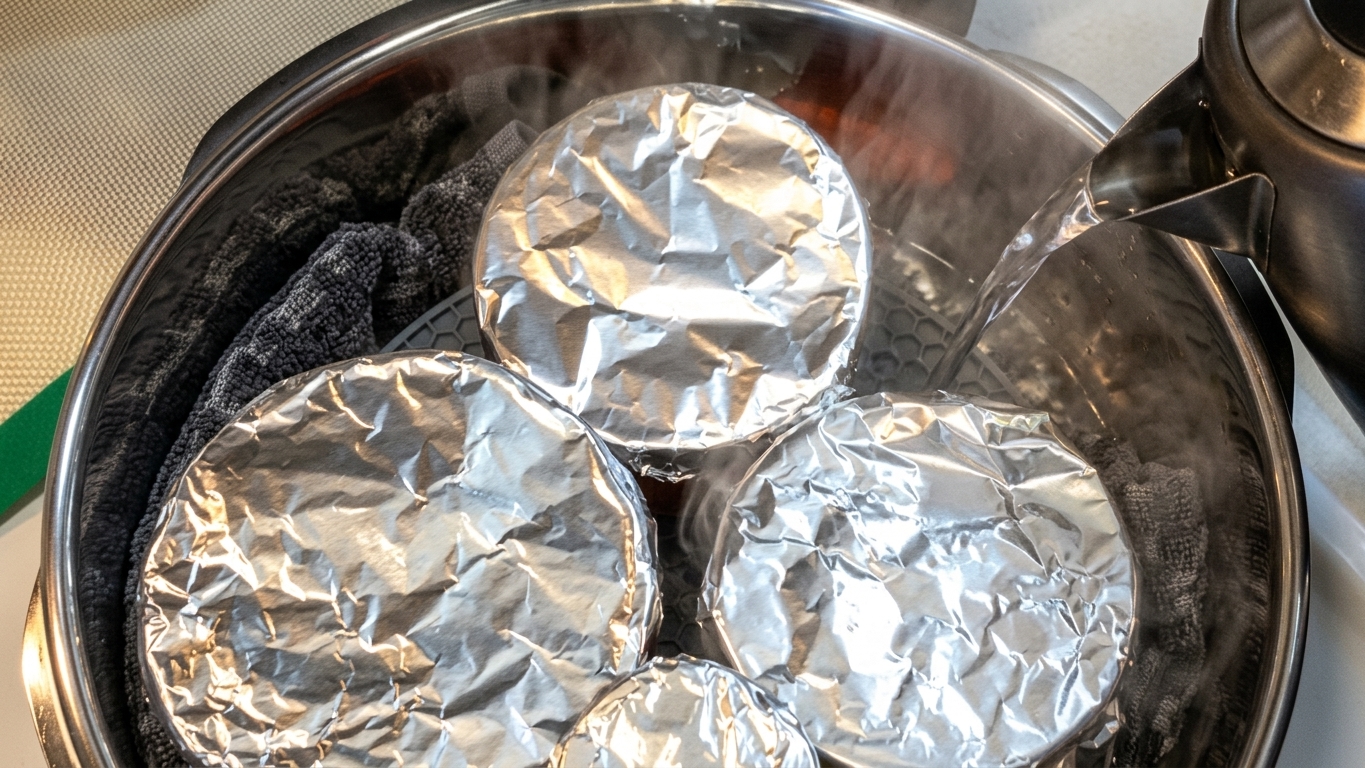 Covered pudding molds placed in a deep pan surrounded by hot water