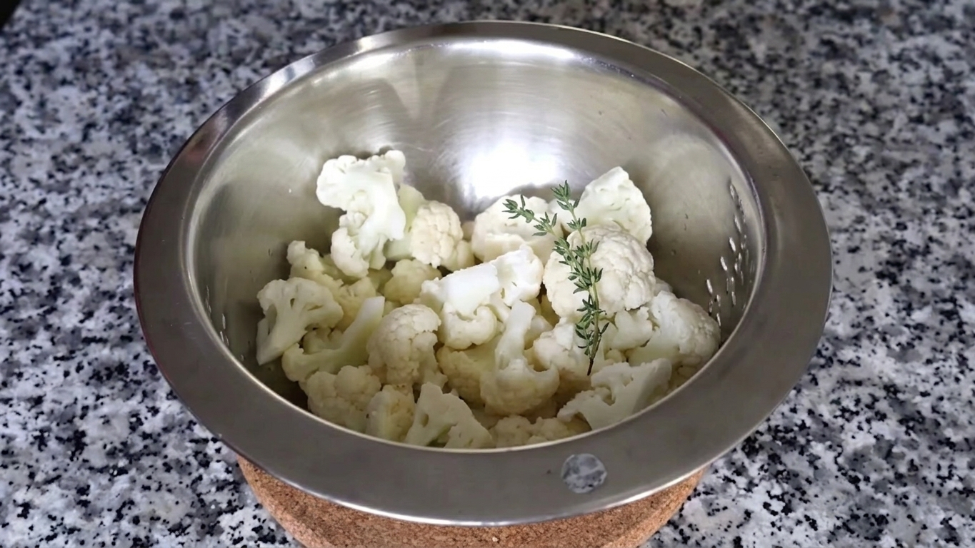 Blanched cauliflower florets thoroughly drained in a strainer to remove moisture