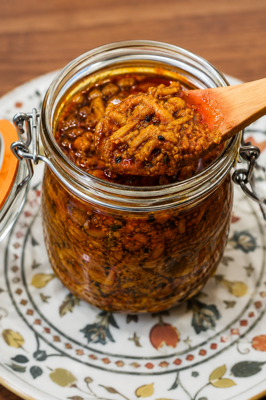 Easy Green Mango Pickle (Aam Ka Aachar) - Spicy grated green mango pickle with roasted spices and mustard oil in a glass jar