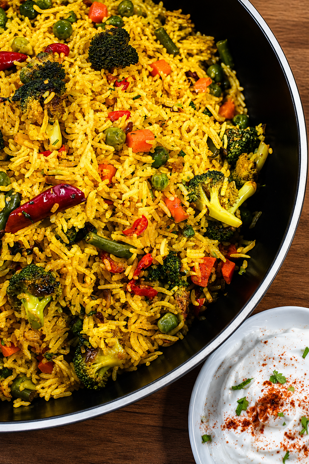 Easy Vegetable Masala Rice Recipe - Aromatic spiced Indian fried rice with broccoli, bell peppers, carrots, peas, and fresh coriander
