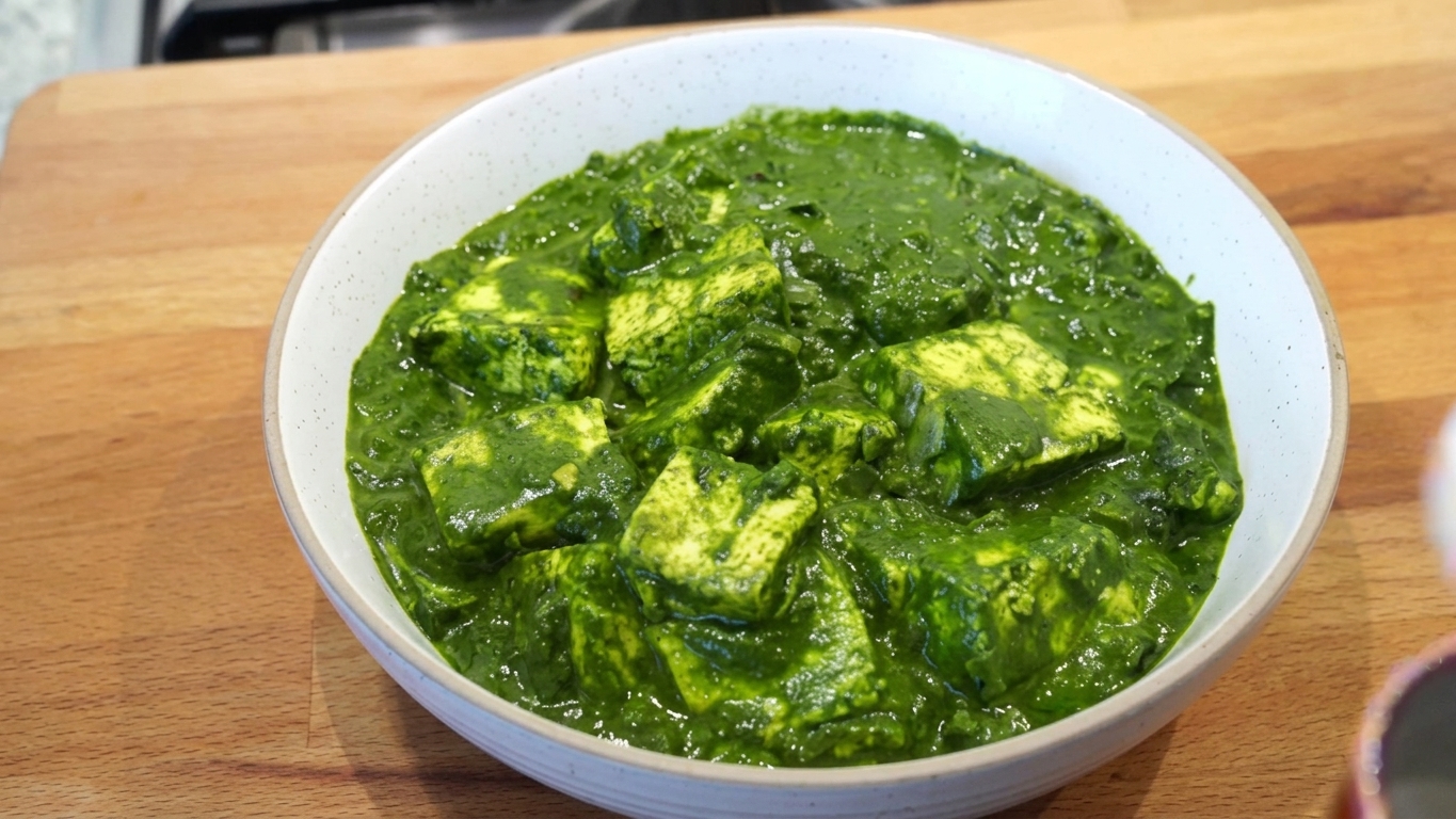 Finished creamy Palak Paneer with tender paneer cubes and rich spinach gravy