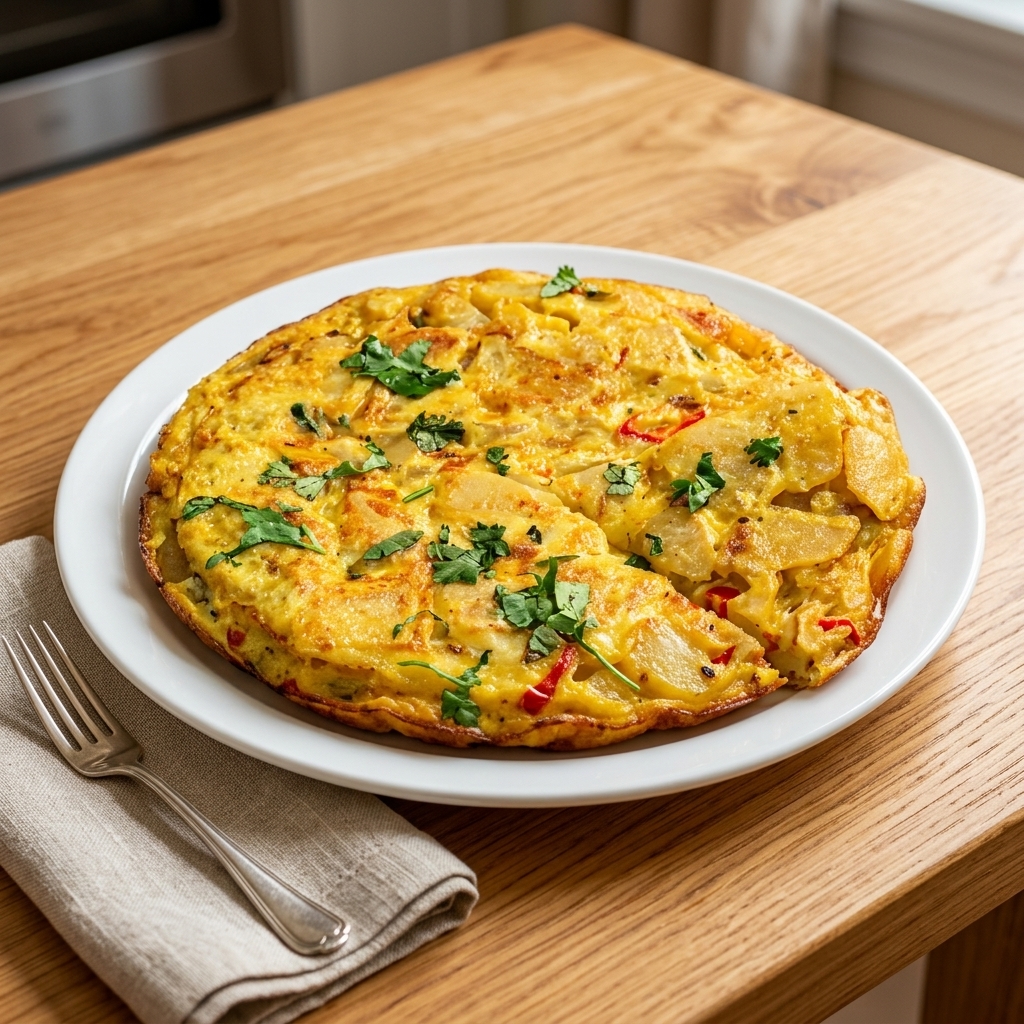 Finished golden Spanish potato omelette transferred to a serving plate and garnished with fresh coriander