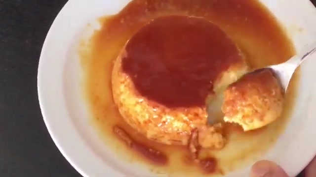 Finished mango crème caramel pudding with smooth custard and glossy caramel sauce