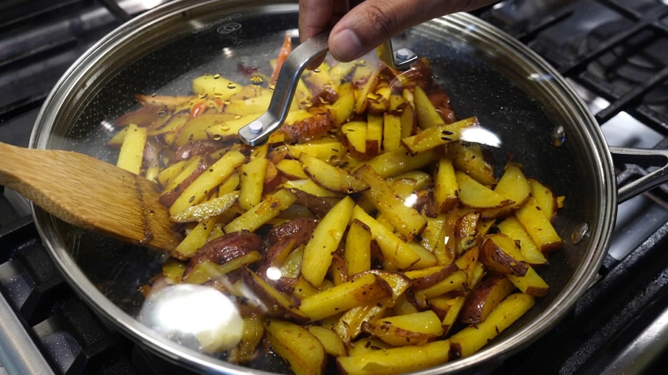 Generous heap of freshly chopped green dill leaves added to the tender potatoes