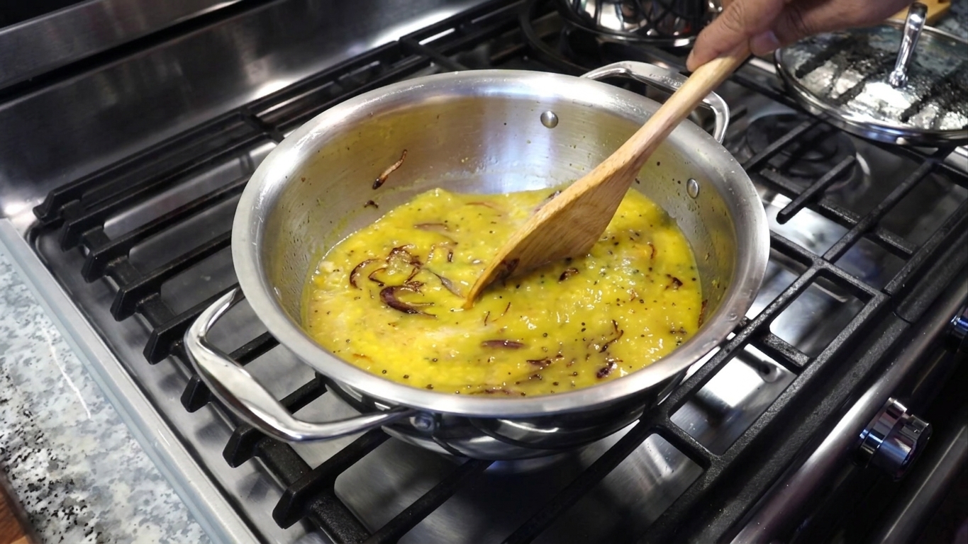Freshly chopped coriander leaves being sprinkled into the warm Bengali masoor dal