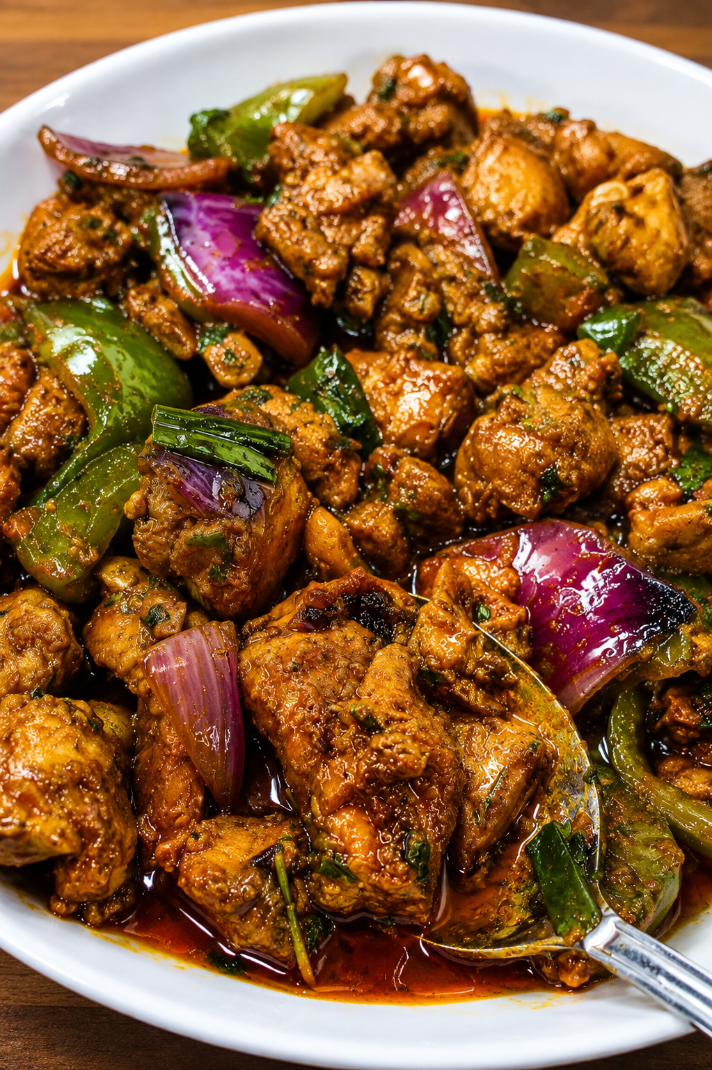 Garlic Pepper Chicken - Sizzling tender chicken thighs tossed with crushed black pepper, toasted garlic, onions, and crisp green bell peppers