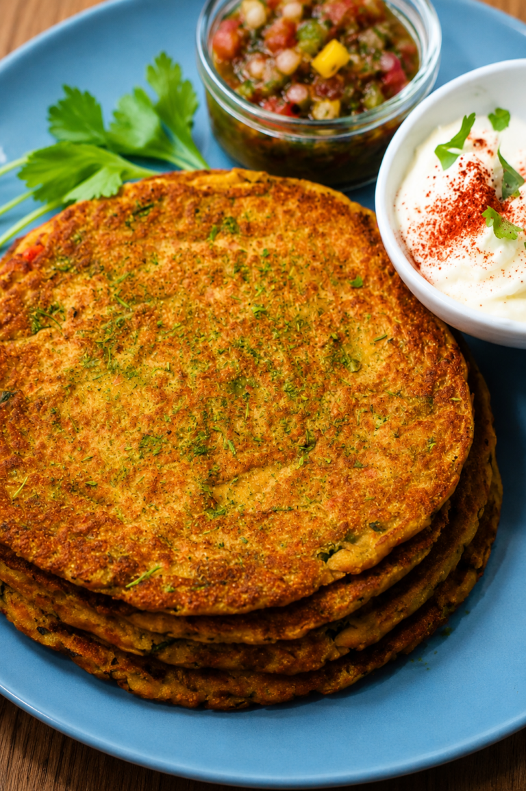Gluten-Free Chickpea Chilla Recipe - Crispy golden chickpea pancakes served with plain yogurt, cucumber, onion, and bell peppers