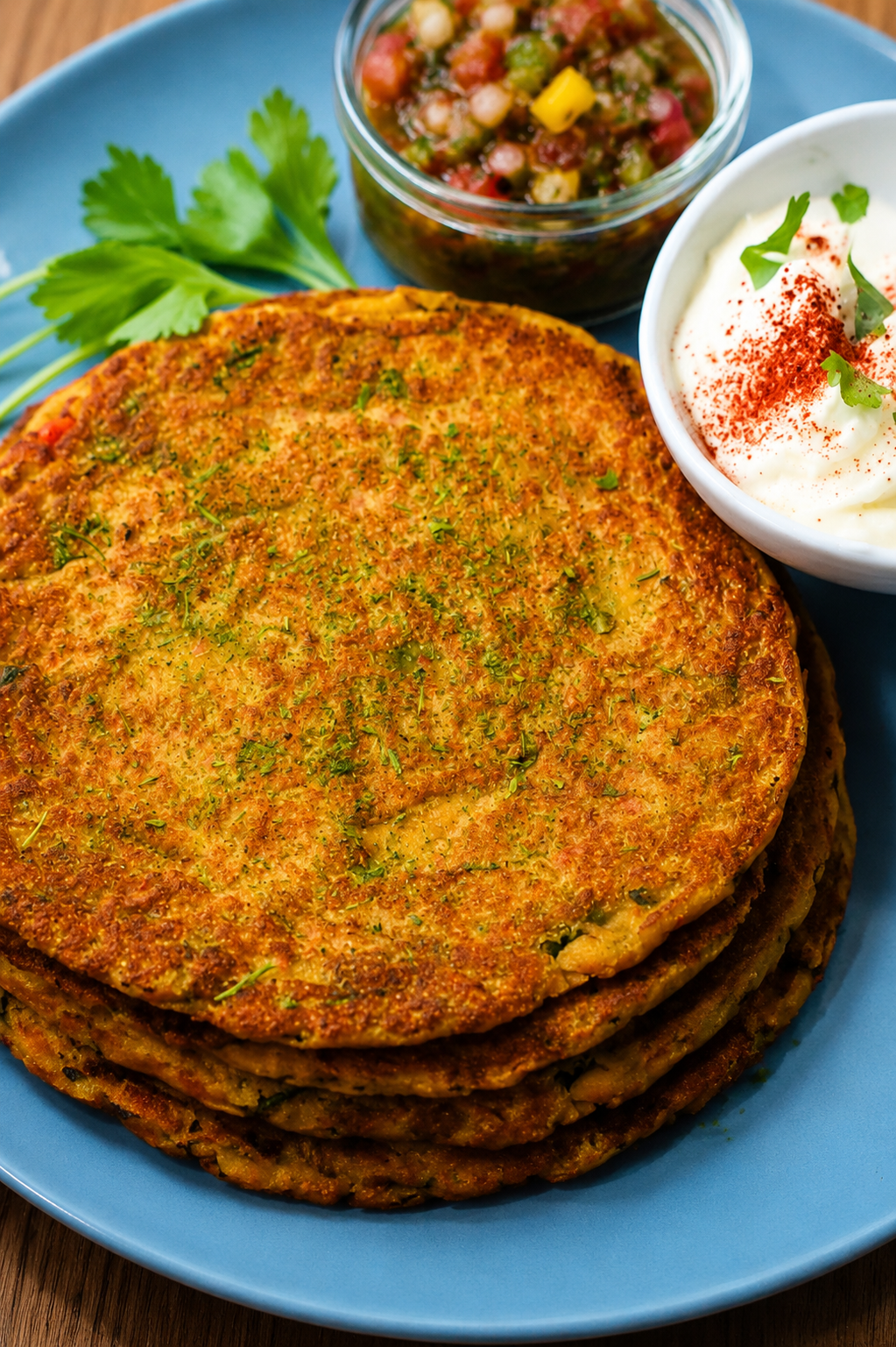 Gluten-Free Chickpea Chilla Recipe - Crispy golden chickpea pancakes served with plain yogurt, cucumber, onion, and bell peppers