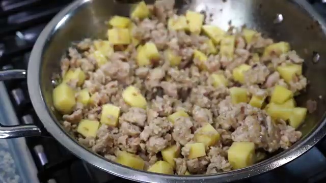Ground chicken cooked gently until changing from pink to a light cream color