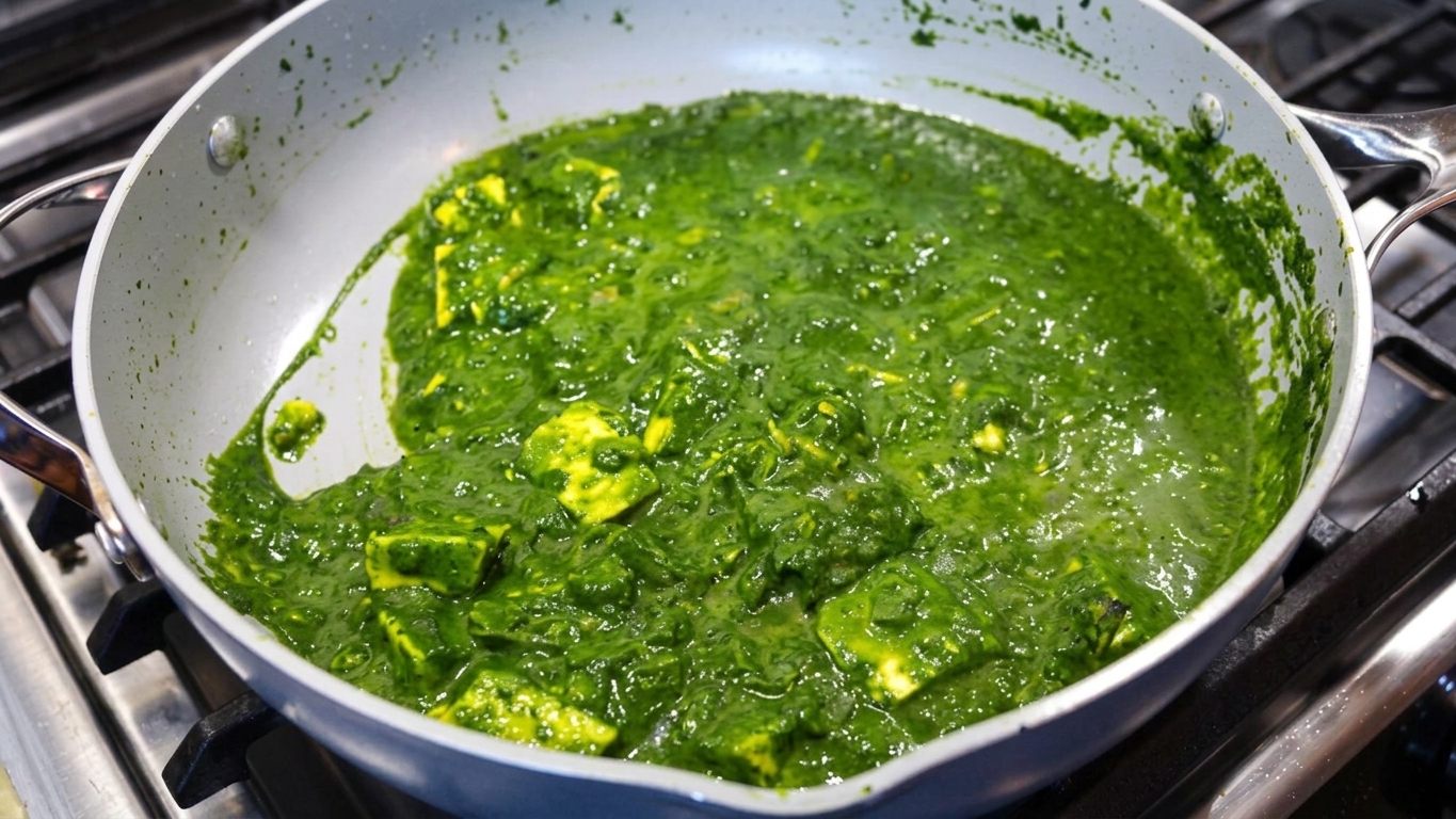 Fresh heavy cream poured into the finished palak paneer to add rich silkiness