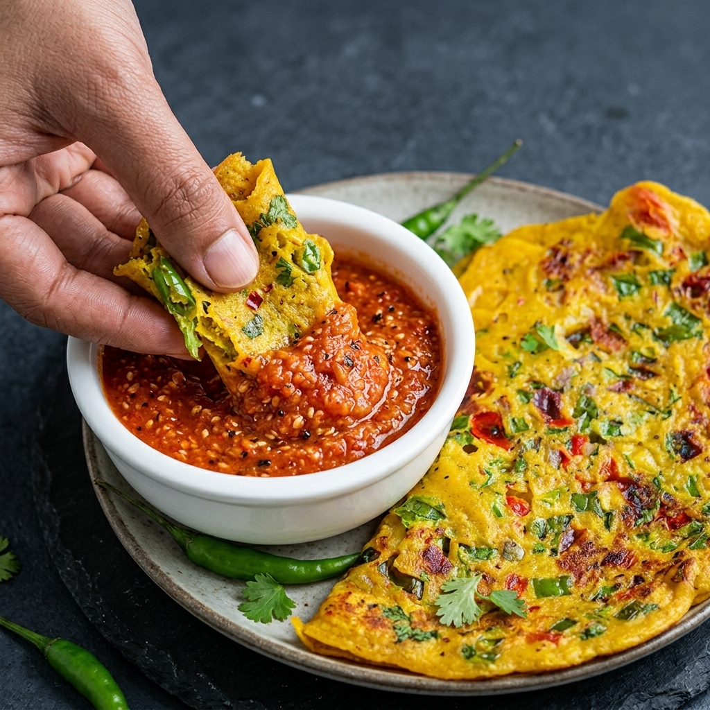 Hot besan chilla served with a bowl of spicy red tomato sesame chutney