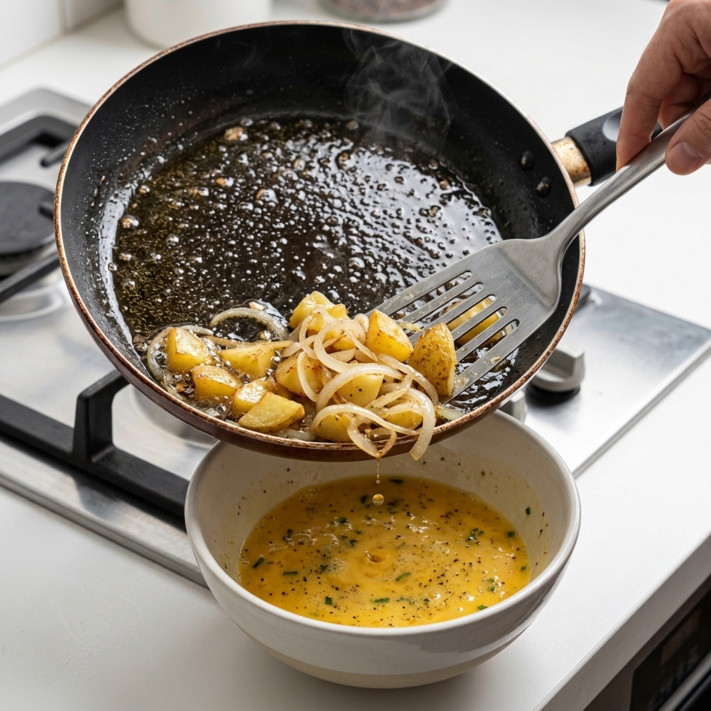 Hot golden potatoes and onions being transferred from the pan into the seasoned egg mixture