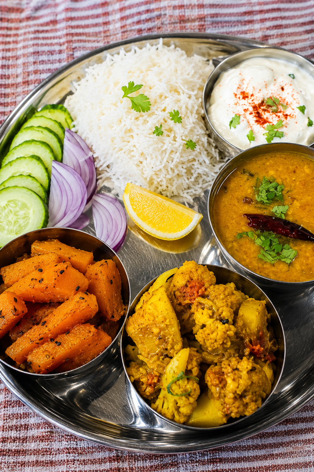 Indian Plant-Based Home-Cooked Meal - Steamed white rice served with moong masoor dal, cauliflower potato curry, and stir-fried pumpkin with nigella seeds